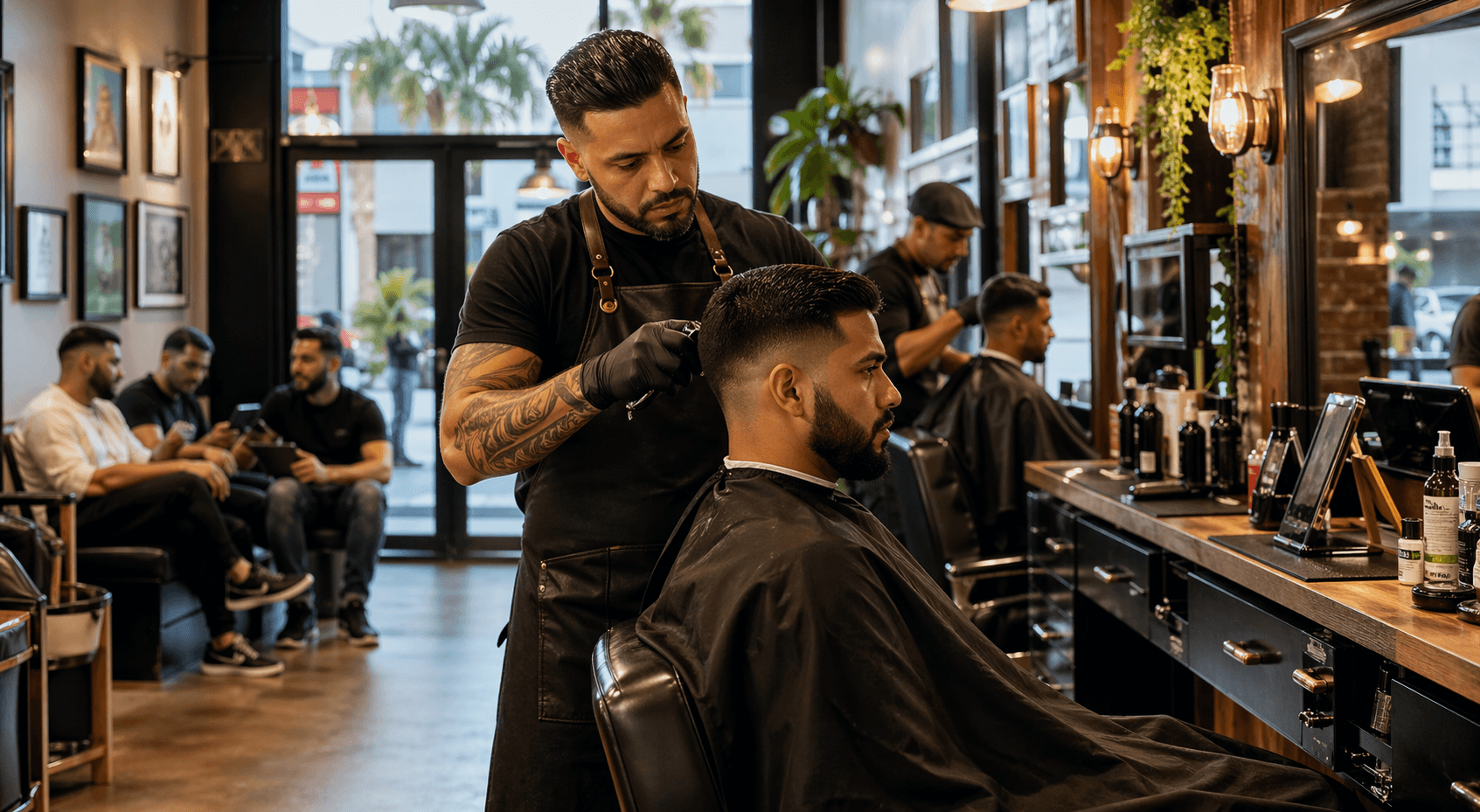 Barber focused on a client during a haircut inside a modern Miami barbershop.