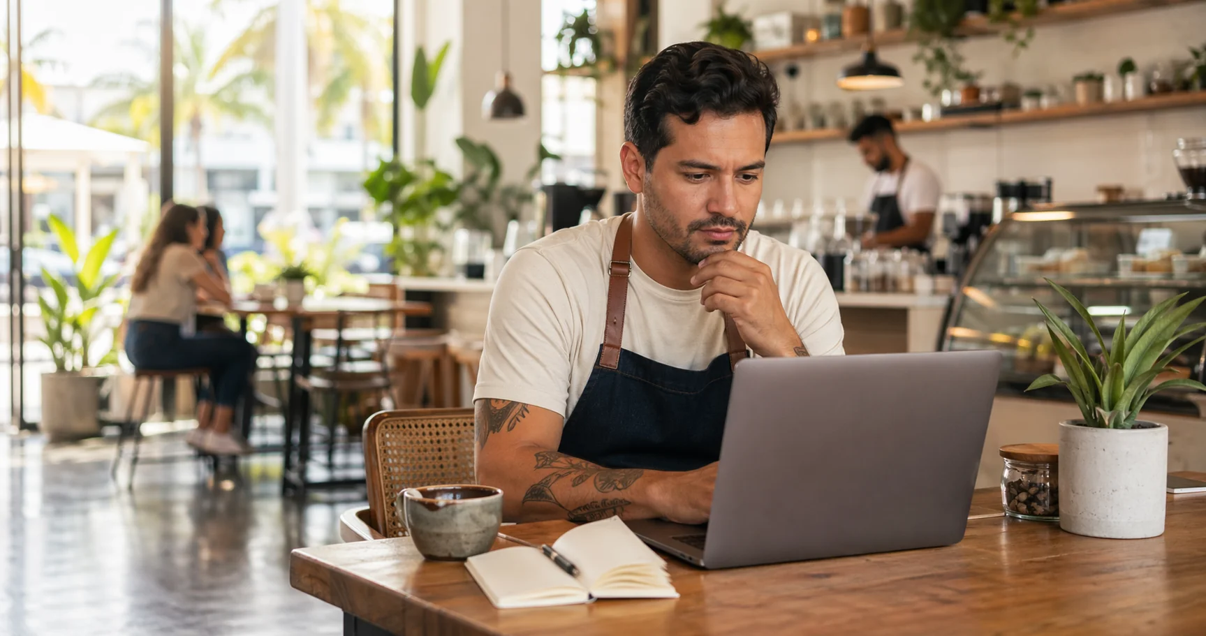 Dueño de pequeño negocio trabajando en su laptop dentro de una cafetería luminosa en Miami.