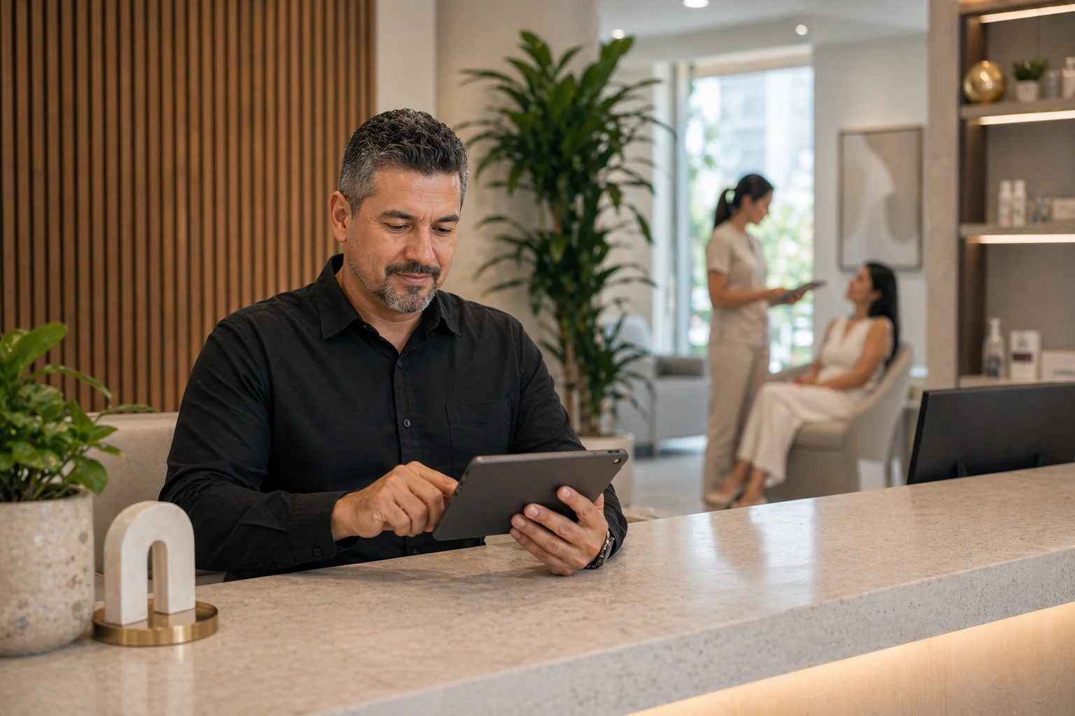 Coordinador de clinica gestionando recepcion y seguimiento desde una tablet mientras la atencion sigue detras.