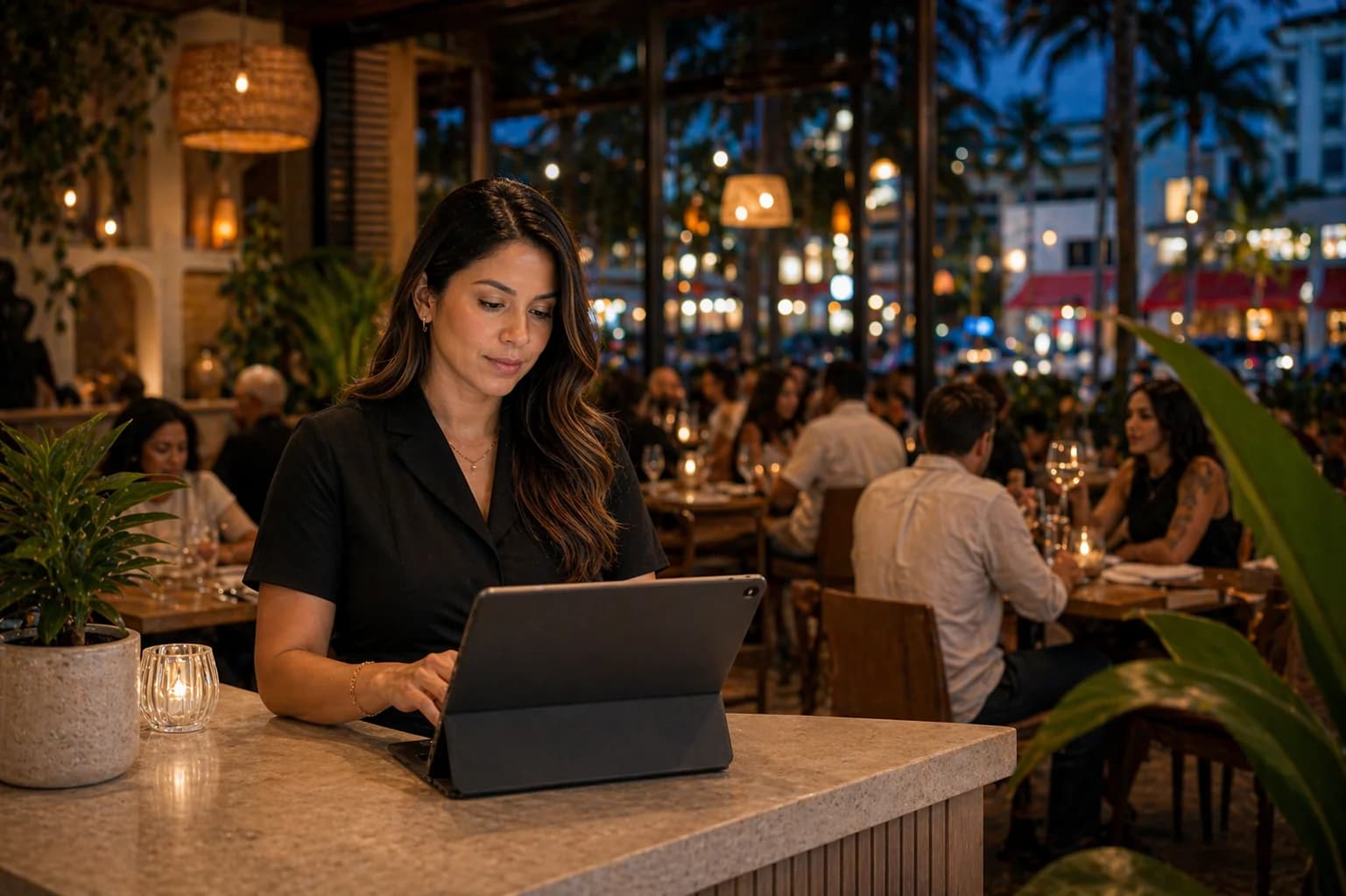 Restaurant manager coordinating reservations from a tablet during dinner service.