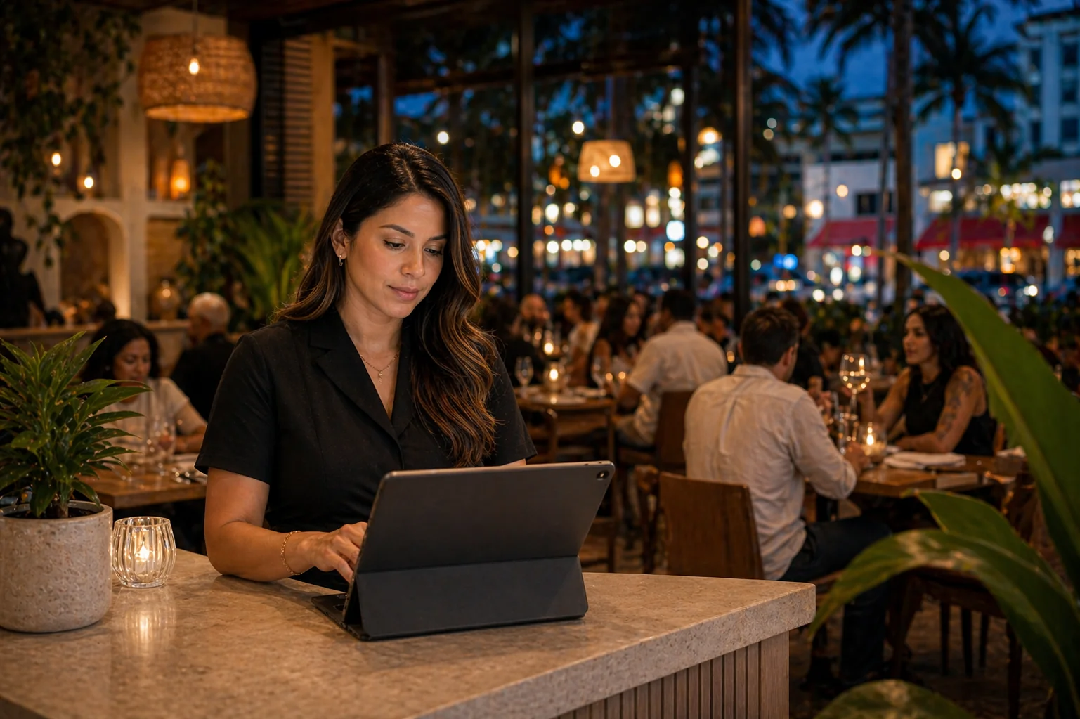 Encargada de restaurante coordinando reservaciones desde una tablet durante el servicio nocturno.