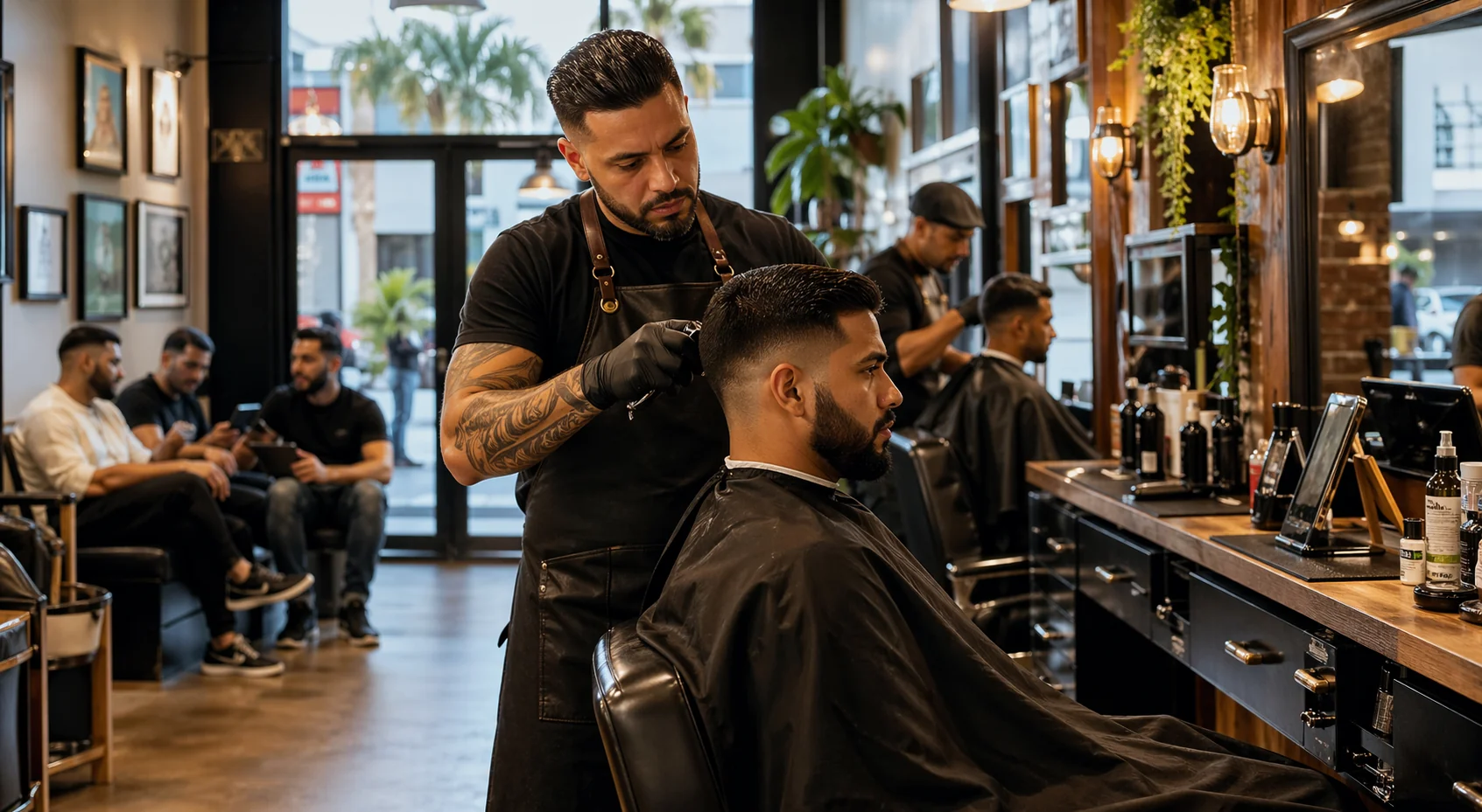 Barbero cortando el pelo a un cliente en una barbería de Miami.
