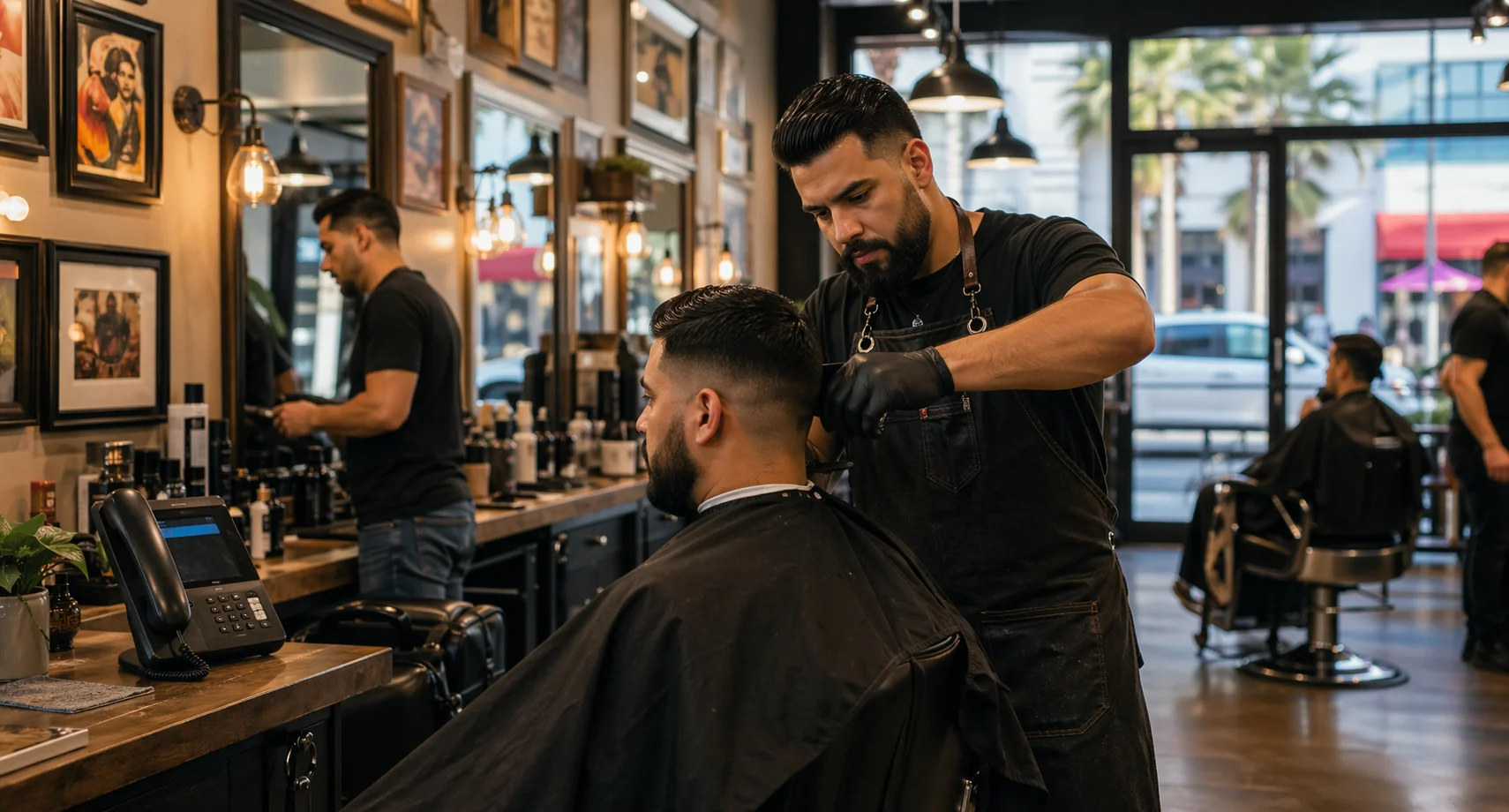 Busy barbershop where calls keep moving without interrupting service.