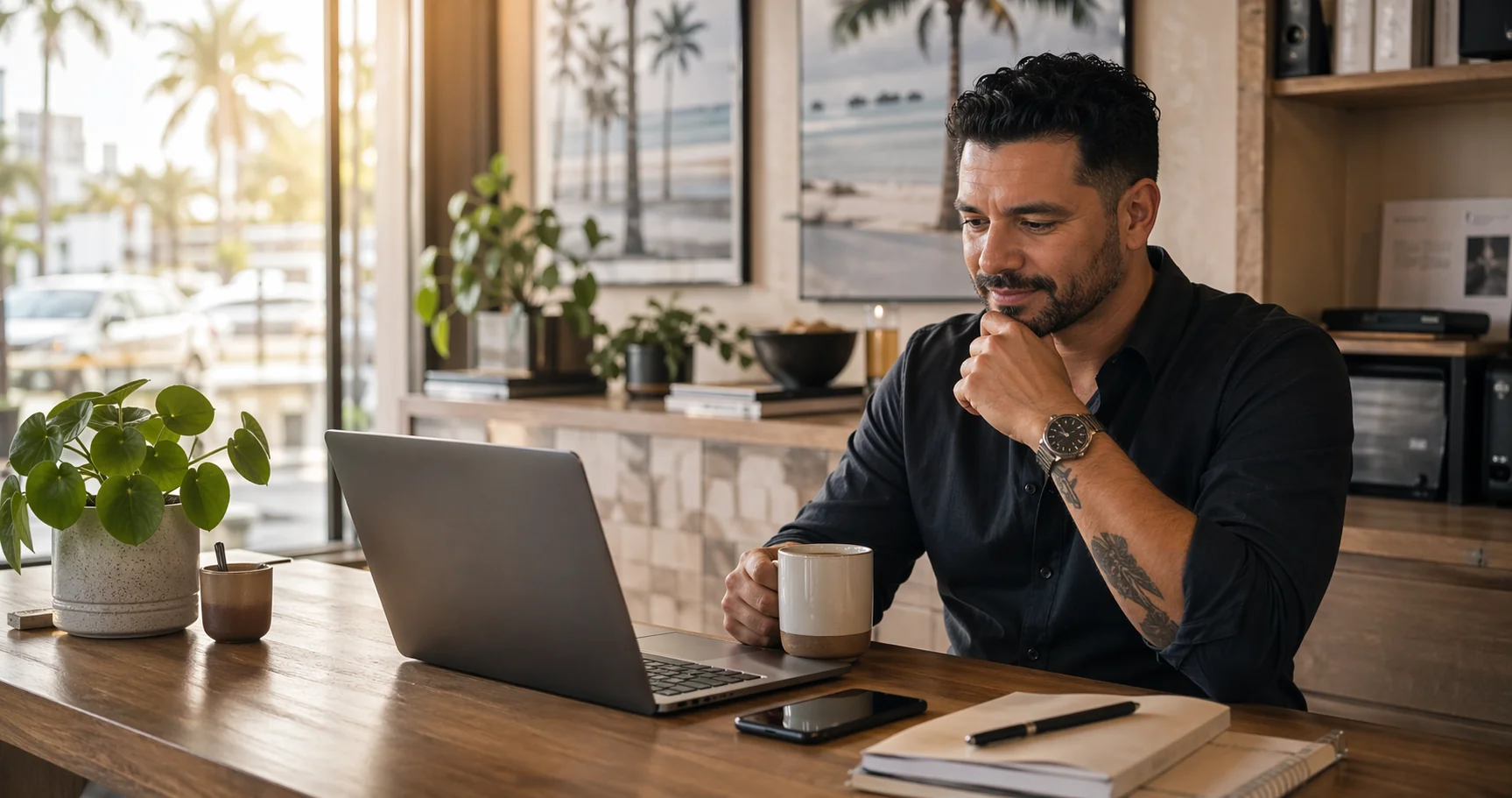 Small business owner in Miami reviewing leads captured from the website with coffee in hand.